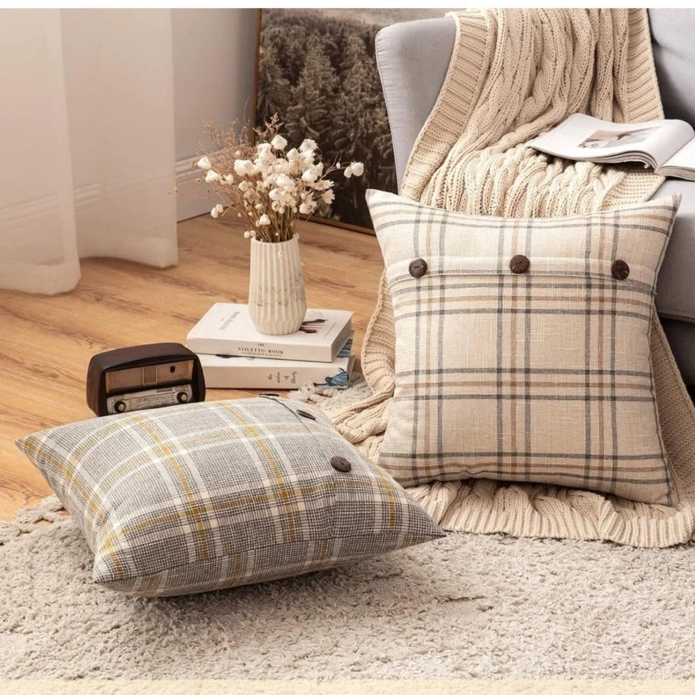 Farmhouse Plaid Linen Tan Cream Striped Button Throw Pillow Soft Decor Cover